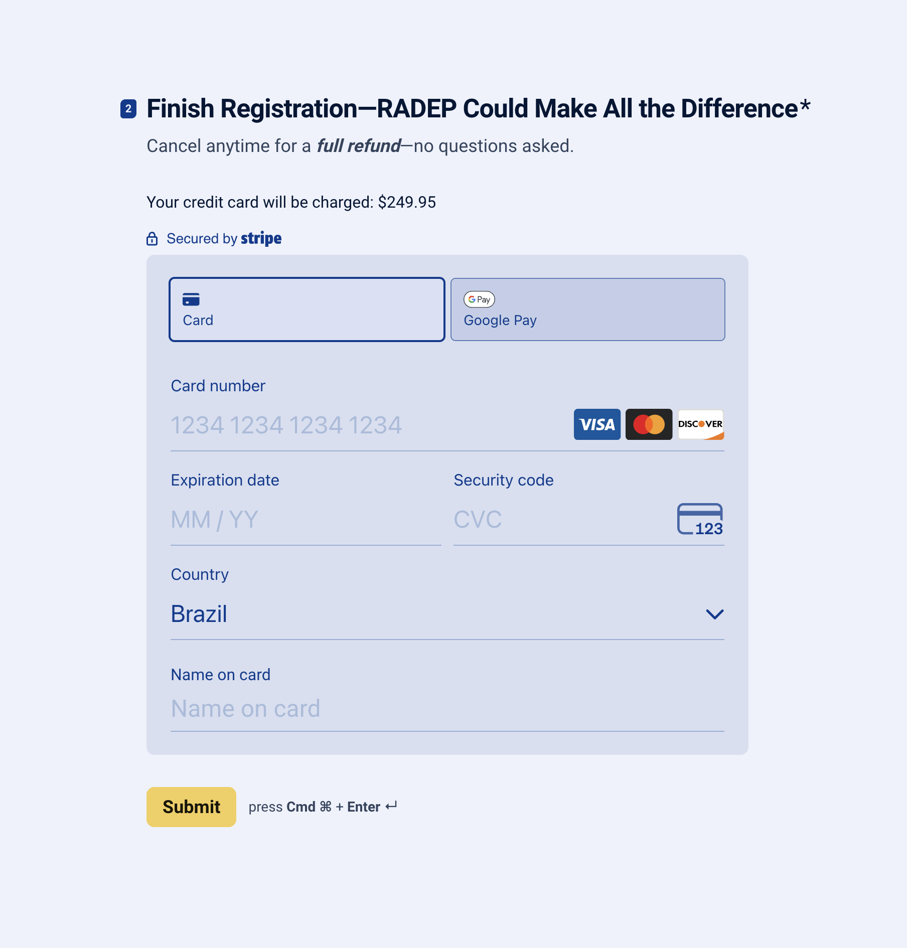 Stronger form step 2: Stripe payment with refund language
